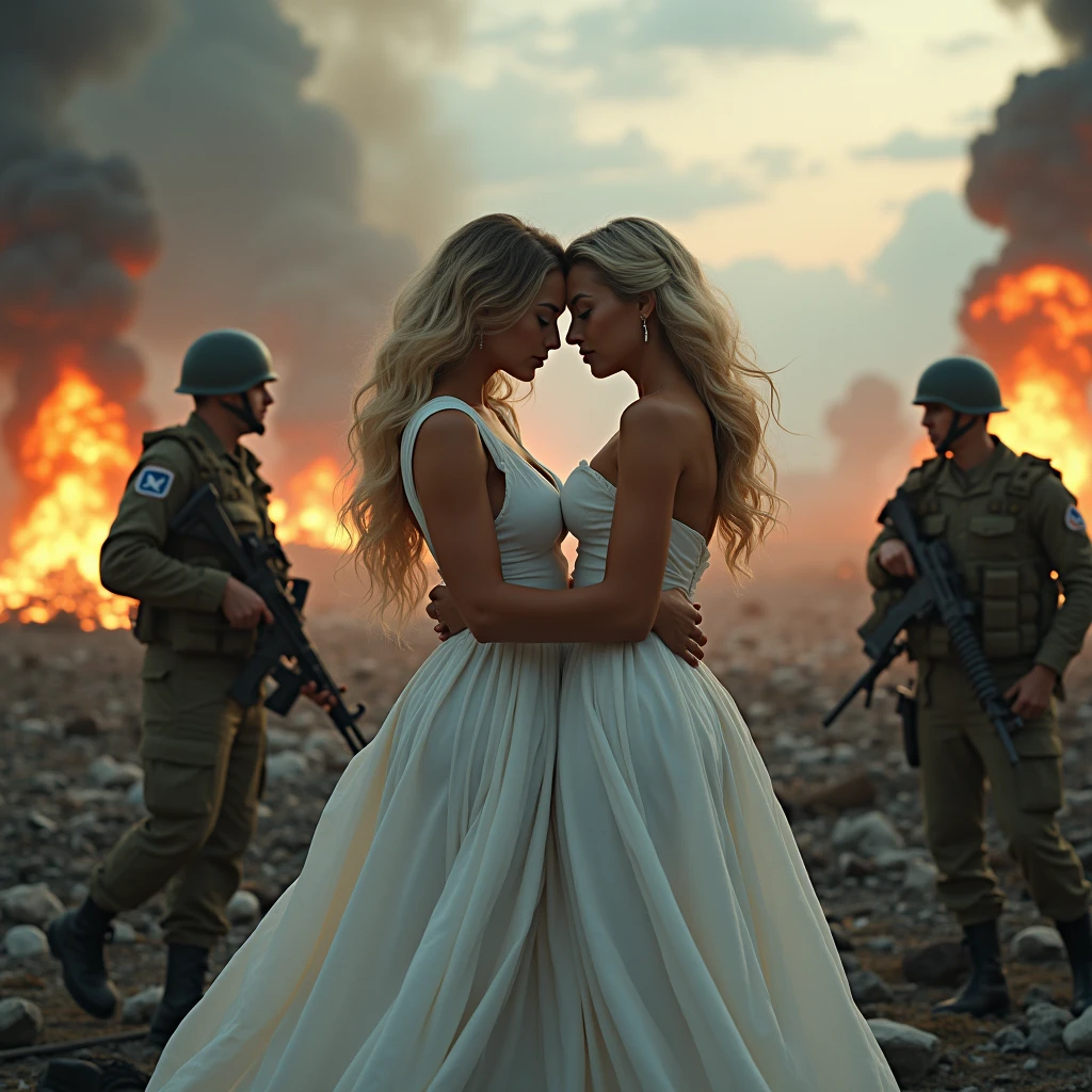 Beautiful biracial latina woman light blue eyes and light blue hair with large breast close to beautiful white woman light blue eyes and blond hair with large breast,cuddle and caress, wear elegant white dress, into middle of war battlefield, soldier around, explosion and fire around, chaos,Résolution Haute, Grand angle