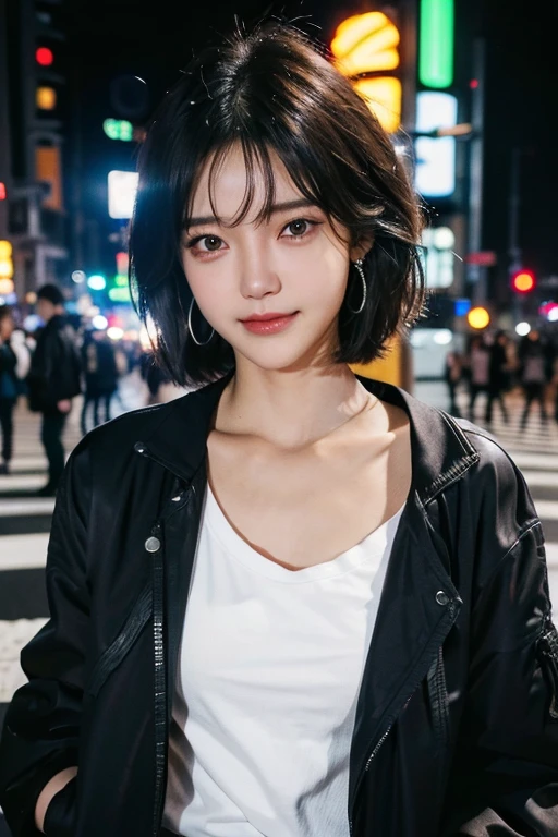 (2 Japanese girl,), (Small breasts:1.5,),(solo,Textured skin, Detailed skin,Detailed face,Detailed eyes,detailed posing,Natural eyebrows,Perfect limbs,High detail, Highest quality, Super detailed, Surrealism, ,8k,RAW Photos,Photographicism,Professional Lighting,Portrait Photography,),((Black Hair, Dark Eyes,Natural Makeup,Simple earrings,Bob Hair,smile)),(((Wear a white T-shirt with a black jacket,Neon Light,Shibuya Scramble Crossing)))