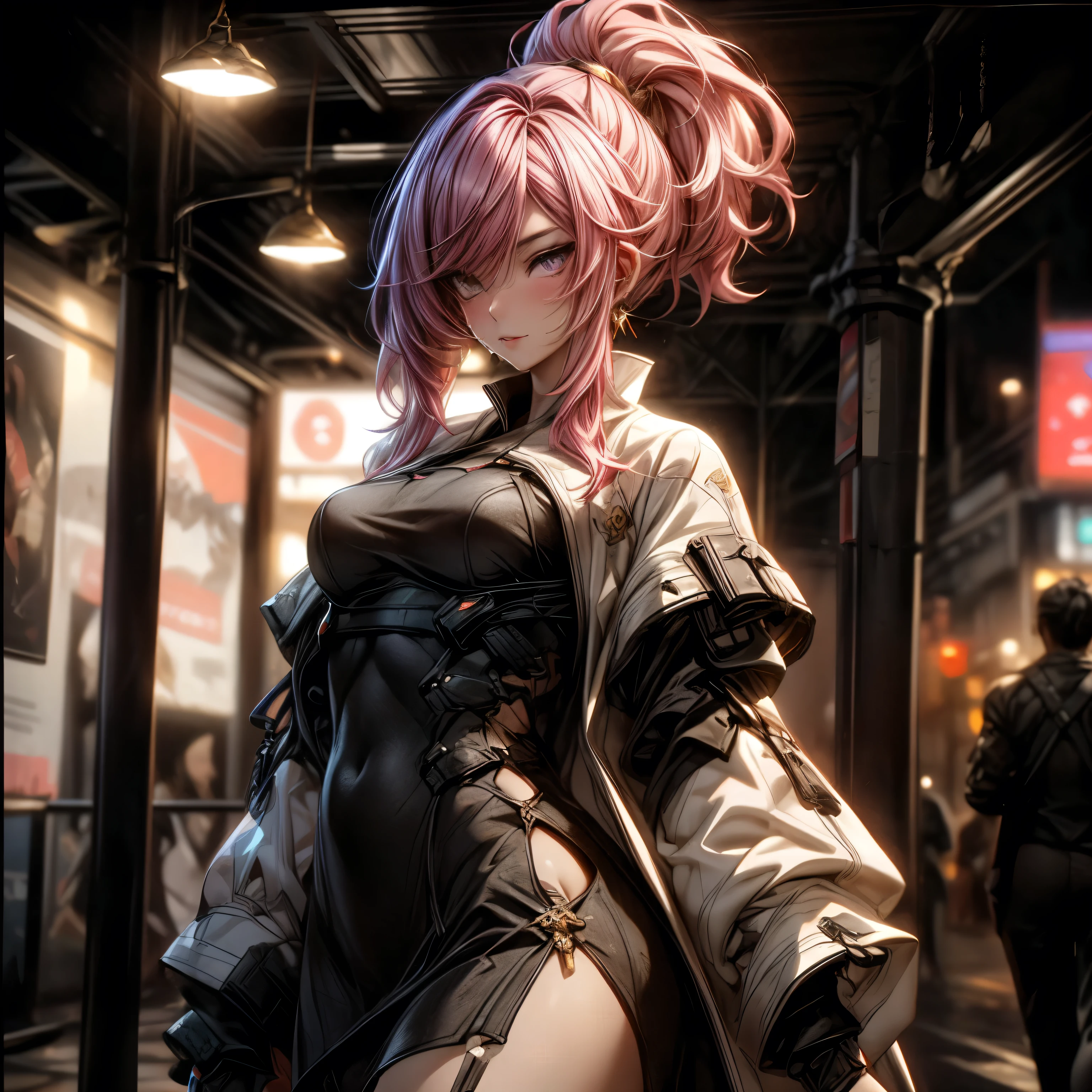 (best quality)), ((Masterpiece)), (details:1.4), 3d, HDR (high dynamic range), an image of a beautiful cyberpunk female, Cyberpunk, Fntasy, Pink hair, High ponytail, Full body, Beautiful white eyes, จมูกโด่ง, ปากแดง, หน้าอกใหญ่, nvidia RTX, PBR surface, After processing, Anisotropic filtration,depth of field, Maximum clarity and clarity, multi-layered surface, Subsurface scattering, perfect proportions, 8K raw files, ultra detailed, Perfect proportions, volumetric lighting, soft lighting, Holy Paldin, Heavy Silver Armor, Golden dress, glossy skin, intricate Golden embroidery, Village background, jewely, ต่างหู, นิ้วมือสมบูรณ์, mini skirt, โกรธ