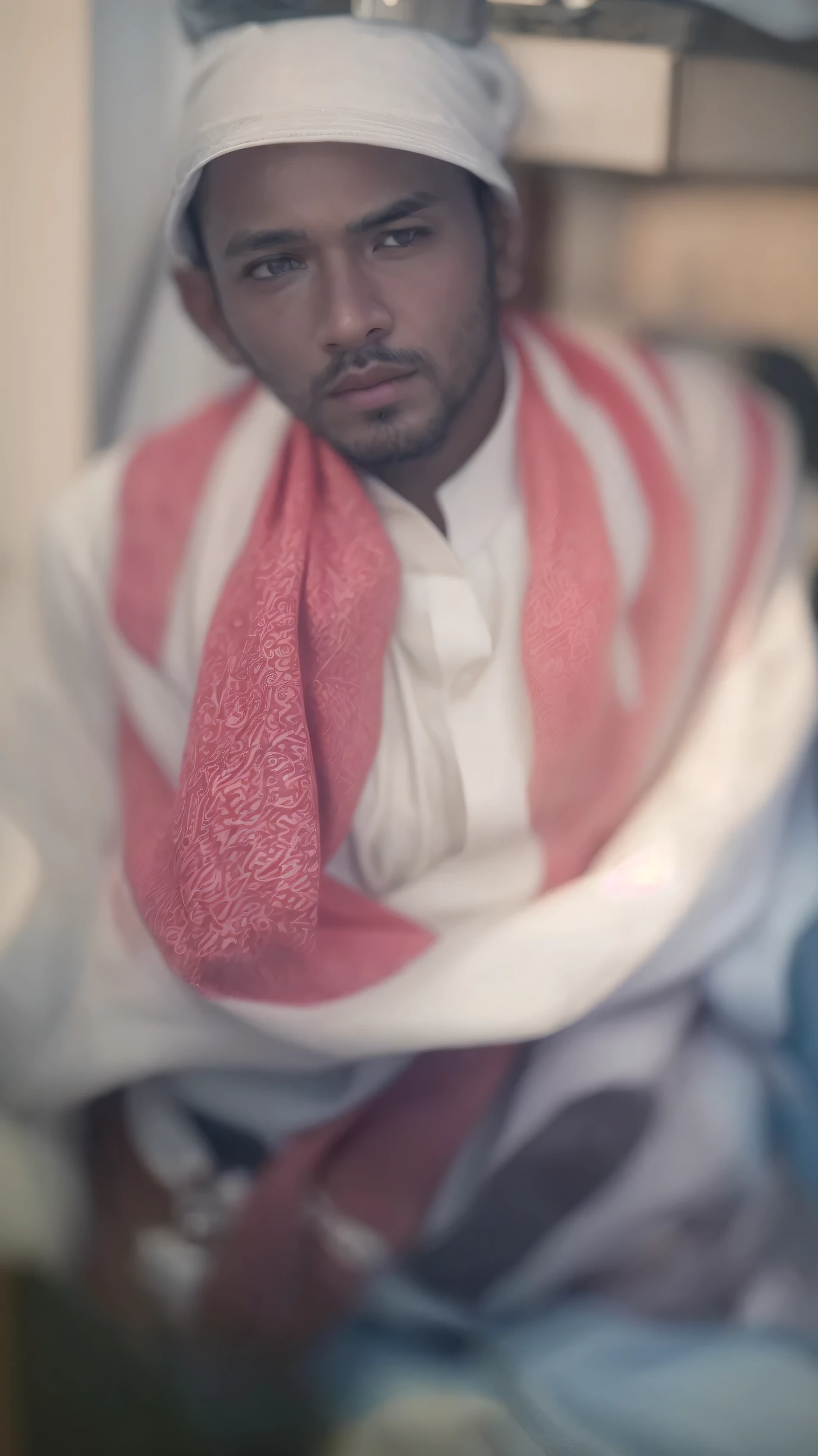 Make this photo look realistic and detailed, a man with a white hat and wearing white muslim shirt and red scarf on neck, an arabic, very detailed potrait, realistic portrait photo, profile portrait, very detailed face, very realistic face, very perfected face, very detailed clothes, very realistic clothes, very perfected clothes.