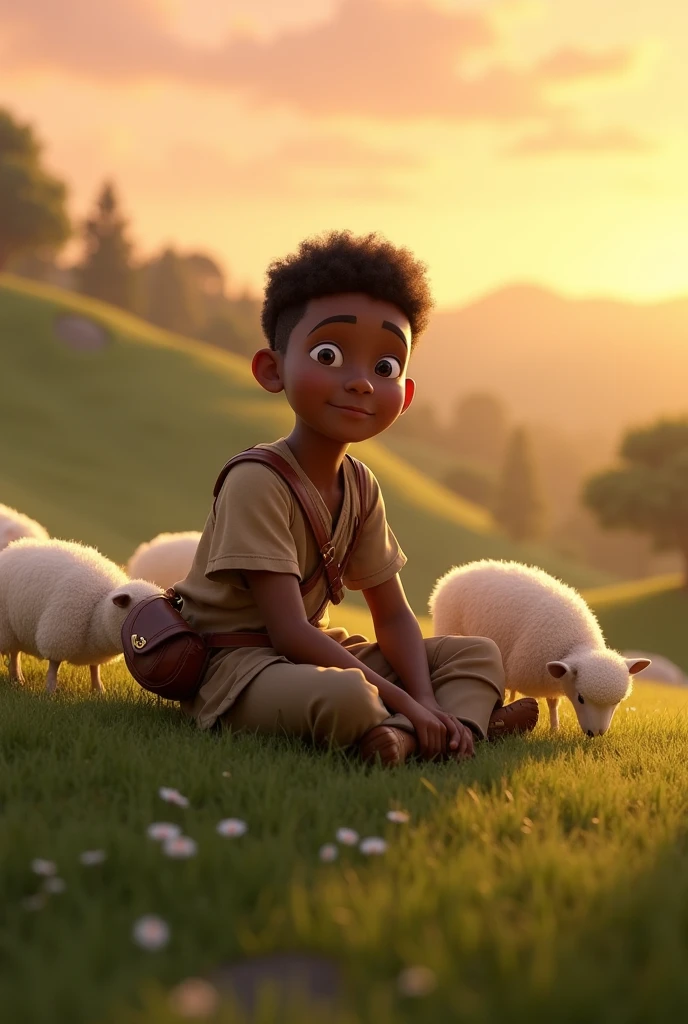 Green field at dawn, with young David, a black boy of approximately , taking care of his sheep. He is sitting on a hill, wearing simple, tunic-like and comfortable shepherd's clothing. Davi has a serene and confident expression, with radiant eyes and a discreet smile. At his side is a small leather pouch and a simple sling suspended from his belt. Fluffy white sheep graze peacefully around you, while the rising sun softly illuminates the scene. The visual style is similar to Pixar, with beautiful details and soft colors.