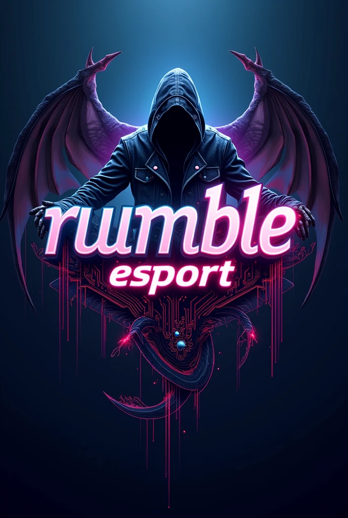 - **Text**: The word "RUMBLE Esport" in a futuristic, tech-inspired font.
- **Color Scheme**:
- **Neon Colors**: Use bright blues, purples, red and pinks against a dark background to evoke a dragon shadow feel.
- **Style Elements**: 3D shape
- **gangster with a GSD dogs shaow**: Incorporate a silhouette of a skyline or circuit patterns behind or integrated into the text.
- **Lighting Effects**: Add glowing effects to the text and gangsterscape to enhance the cyber aesthetic.