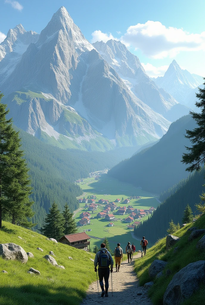 A serene 3D view of the Alps with picturesque villages nestled in the valleys, and hikers on the trails surrounded by towering peaks