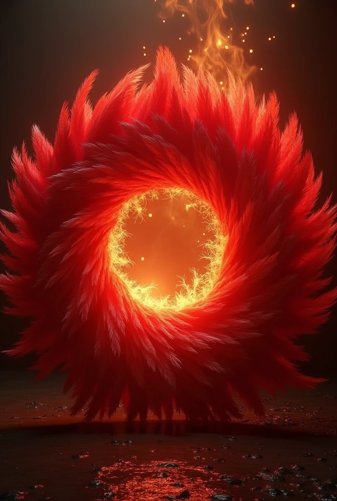 Circle of red feathers with fire lighting from behind