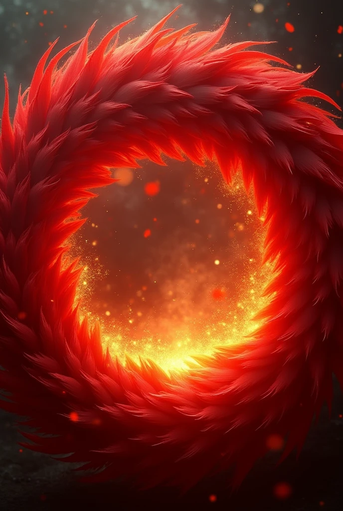 Circle of red feathers with fire lighting from behind