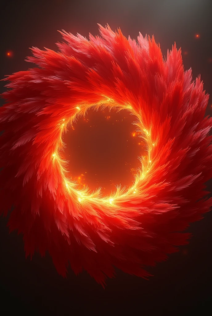 Circle of red feathers with fire lighting from behind