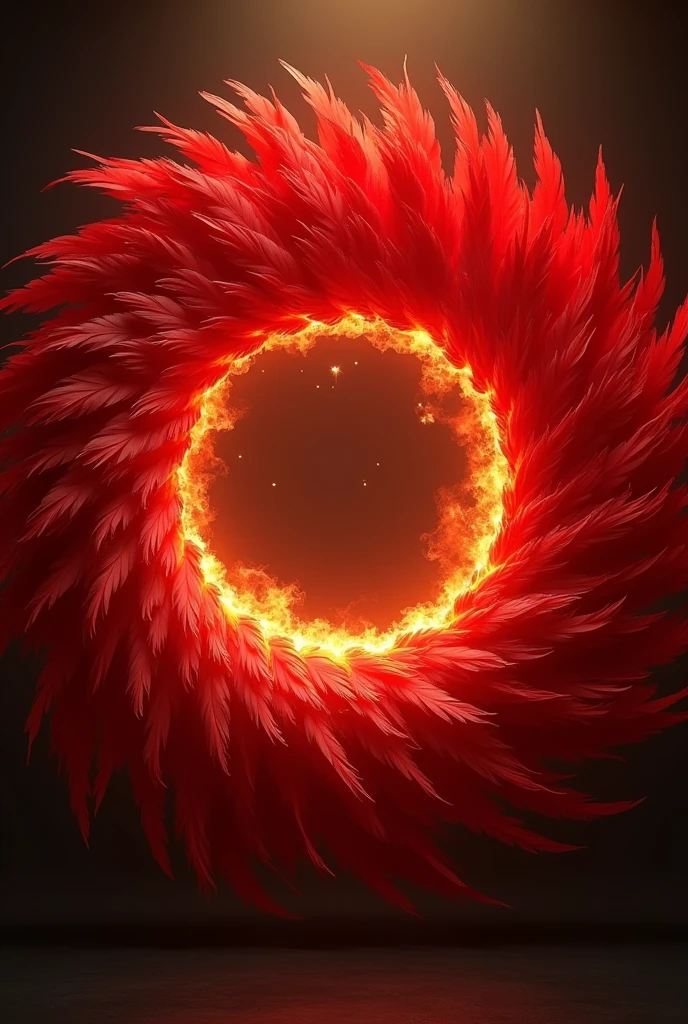 Circle of red feathers with fire lighting from behind