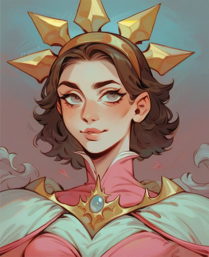 The girl is a 1 with a toned, fit build. She has short, straight brown hair. Her grey eyes are sharp. She has an oval face, a small upturned nose, full naturally pink lips, a soft smile on her face, a well-defined jawline, and a slightly pointed chin. She is dressed as a fantasy princess with a pink dress and a golden crown.