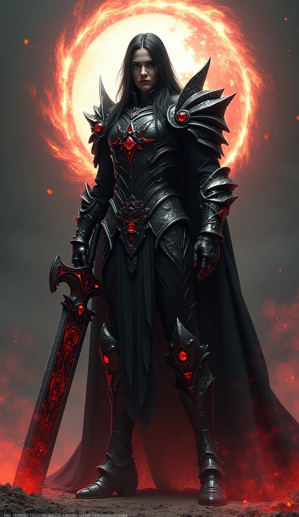 Full body portrait, 16K ultra-high resolution, dark gothic aesthetic, dramatic chiaroscuro lighting, imposing stance, long black hair cascading down back, wearing black gothic armor with blood-red jewels, wielding a massive great sword with intricate engravings, surrounded by swirling light ("Luminous Order" ability), fiery wolf aura enveloping the body ("Blaze Fang" ability), extremely detailed armor decorations and jewel facets, intricate patterns in the swirling light, individual hairs in the fiery wolf's fur, stark contrast between light and shadow, full-length view from head to toe including detailed depiction of boots and ground beneath