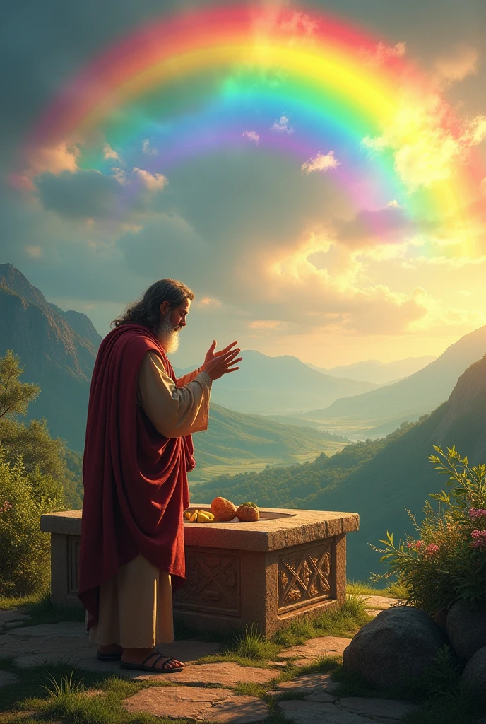 Noah offering a sacrifice on the altar, a big rainbow in the sky.