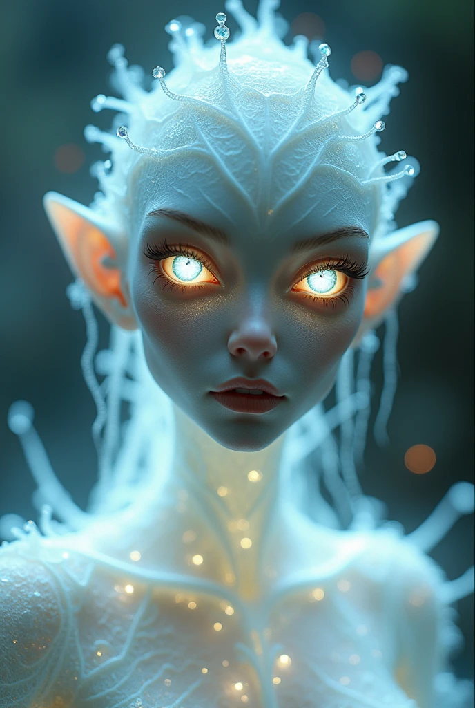 Alien with female appearance
Without hair
Translucent white shiny scaly skin
Glowing skin from within
Translucent shiny scaly skin of different colors
Without ears
Bright translucent crystal eyes