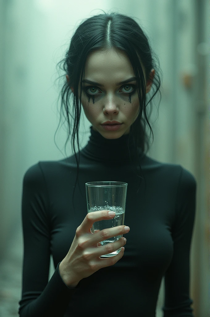 Strange woman holding a glass of water