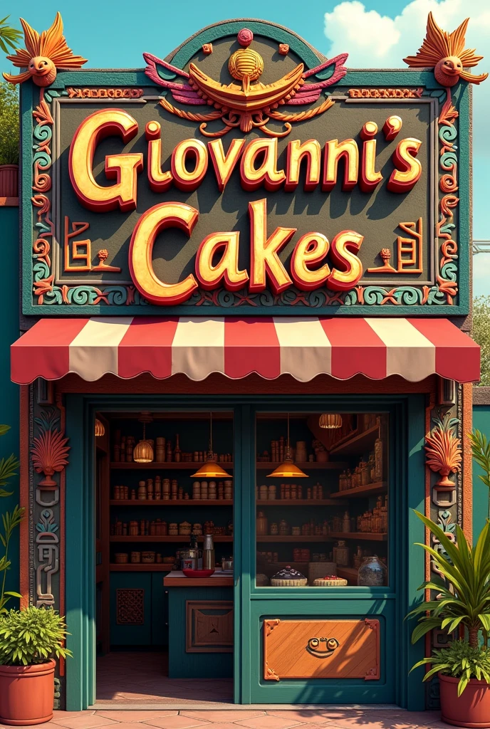 Spectacular sign,, announcement, title "Giovanni's Cakes", Aztec and Mayan icon border, Axolotl details, Mexican style.