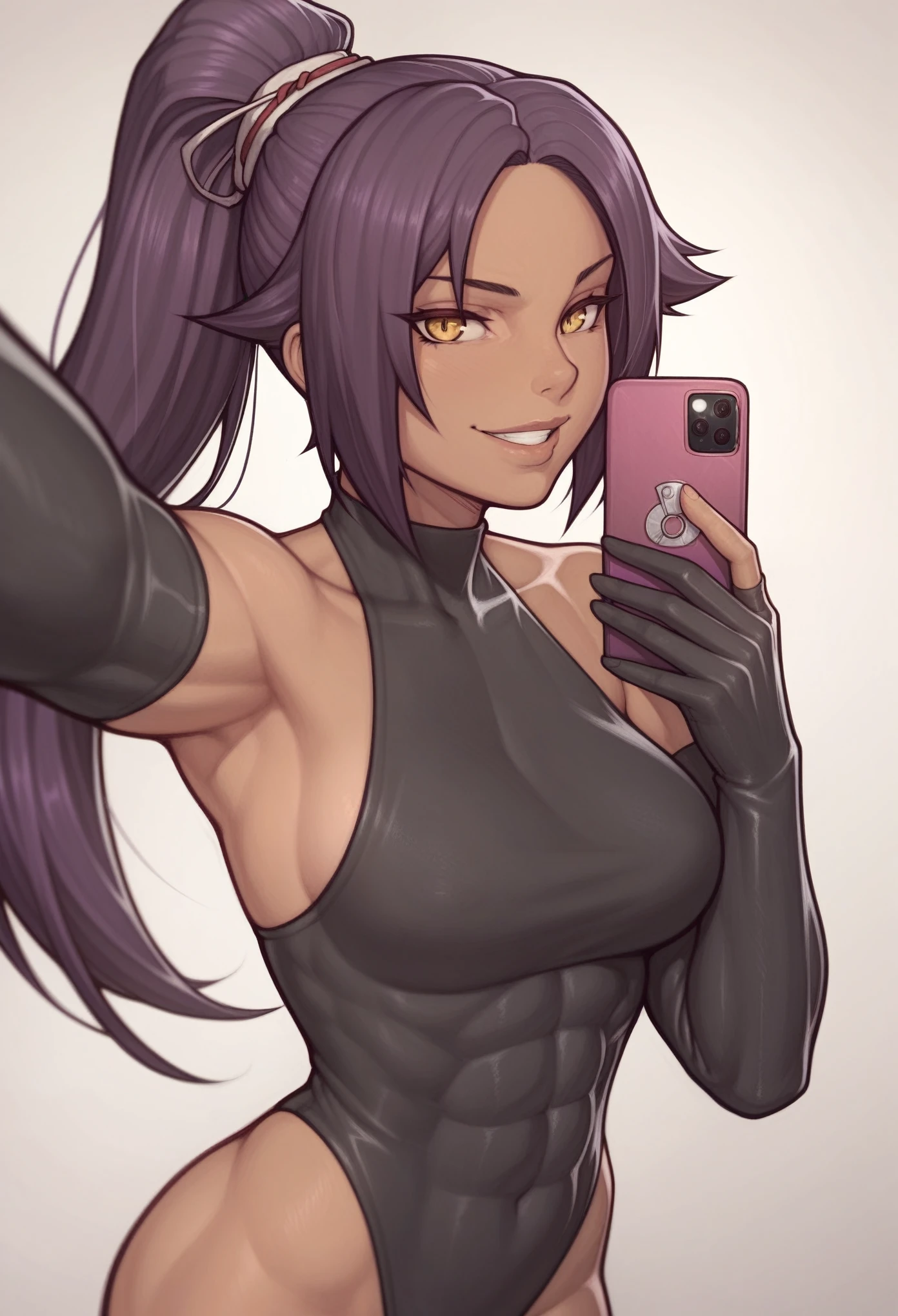 _asura style, 1girl, solo, gloves, purple_hair, looking_at_viewer, elbow_gloves, smile, brown_eyes, long_hair, ponytail, leotard, shihouin_yoruichi, black_gloves, breasts, lips, sleeveless, selfie, bare_shoulders, medium_breasts