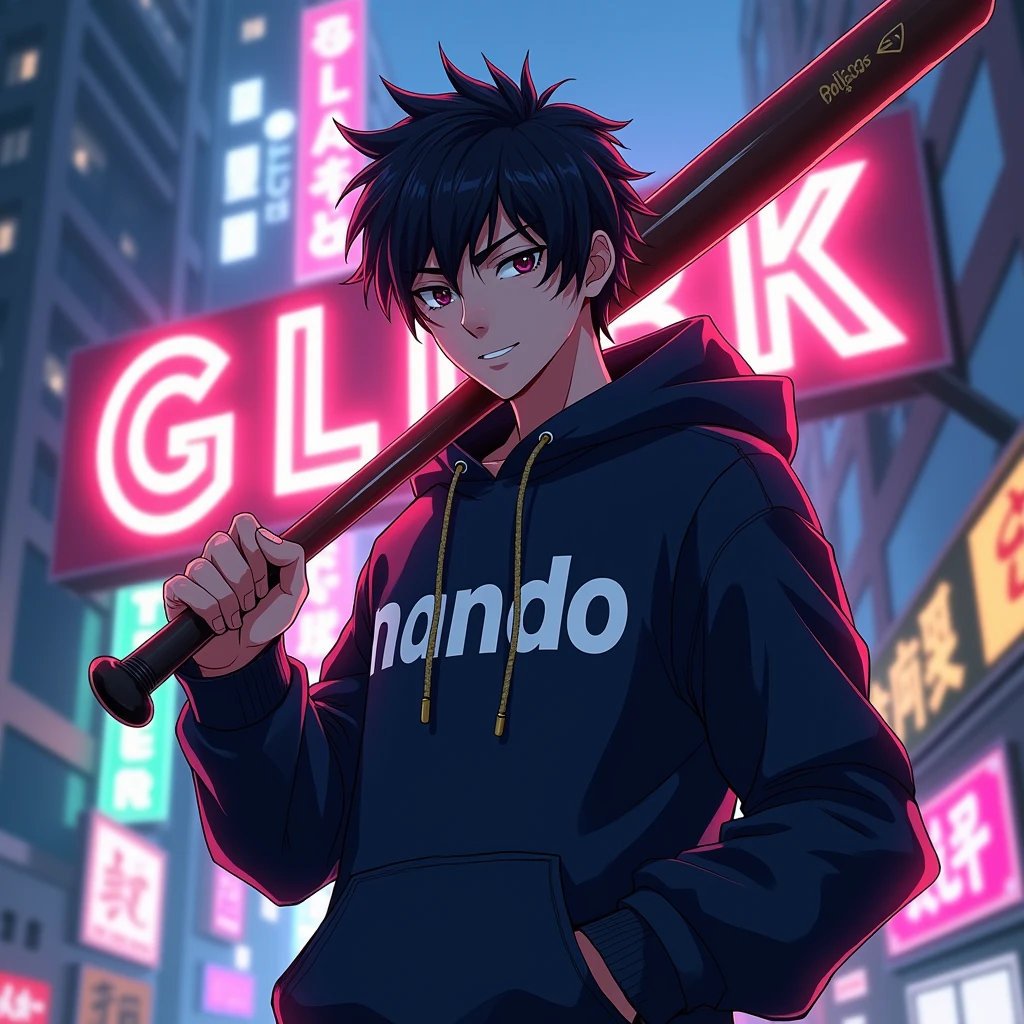 Create a character anime, {{background: large text “GLBK”, night city}},
realistic, HDR, handsome, japan style, full body, use stick baseball, age 20, hoodie HD text: “NANDO”