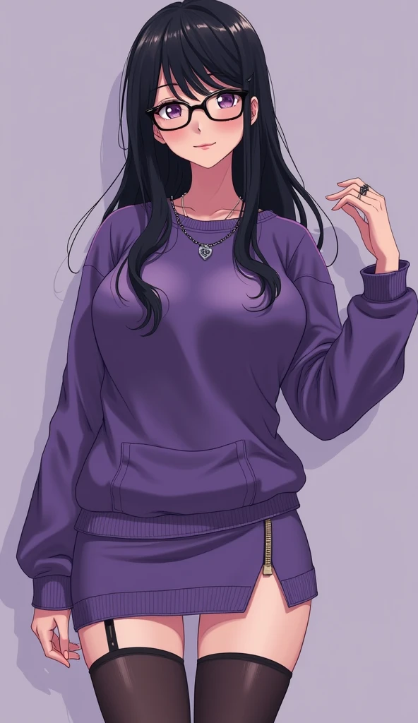 ((Purple one-piece hip skirt))，sweater，Black long hair，Glasses，Cute girl，(Stockings，A black，white leg ring），necklace，Big breasts