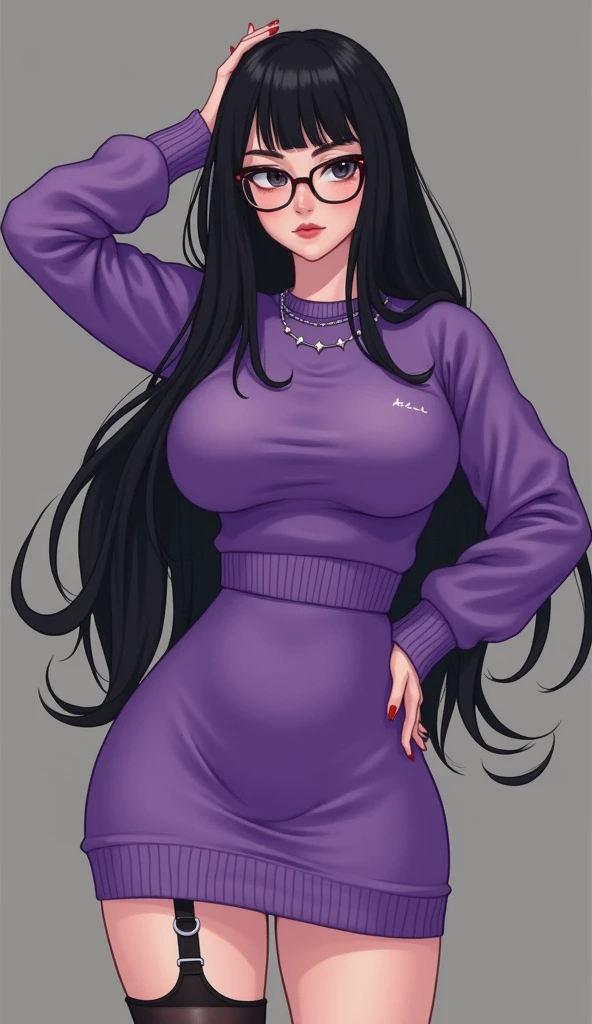 ((Purple one-piece hip skirt)),sweater,Black long hair,Glasses,Cute girl,(Stockings,A black,white leg ring),necklace,Big breasts