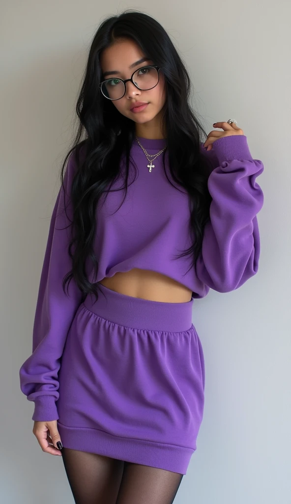 ((Purple one-piece hip skirt))，sweater，Black long hair，Glasses，Cute girl，(Stockings，A black，white leg ring），necklace，Big breasts