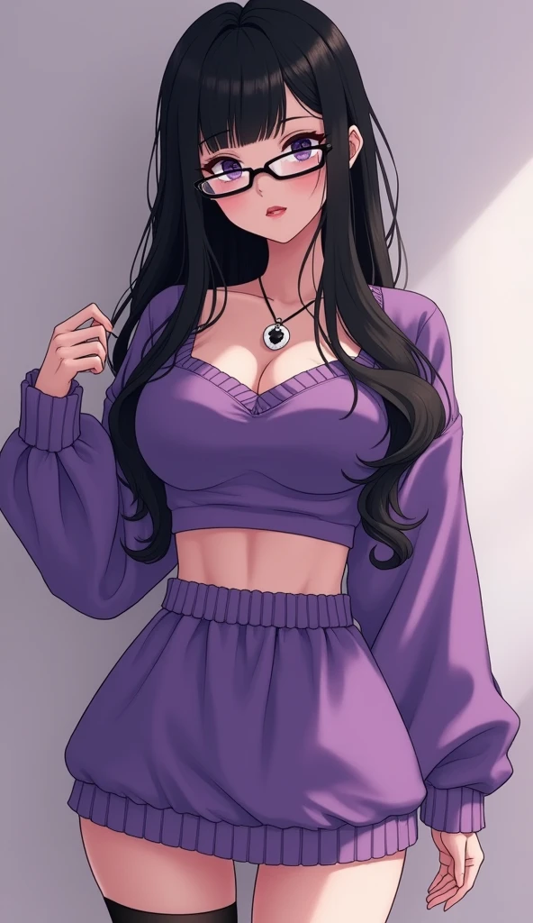 ((Purple one-piece hip skirt))，sweater，Black long hair，Glasses，Cute girl，(Stockings，A black，white leg ring），necklace，Big breasts