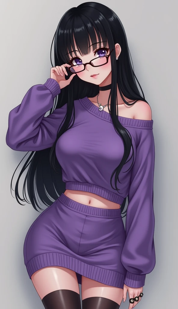 ((Purple one-piece hip skirt))，sweater，Black long hair，Glasses，Cute girl，(Stockings，A black，white leg ring），necklace，Big breasts