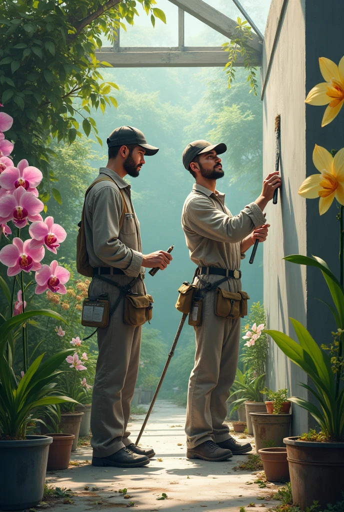 2 men paint Poring Orchid Conservation Center