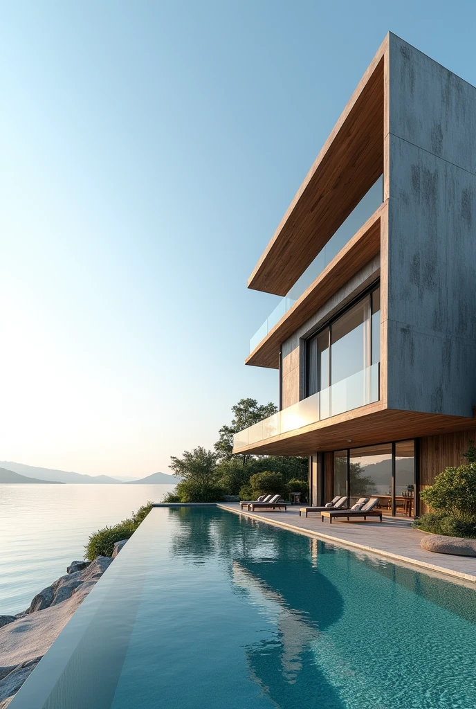 A duplex building beside see, a swimming pool