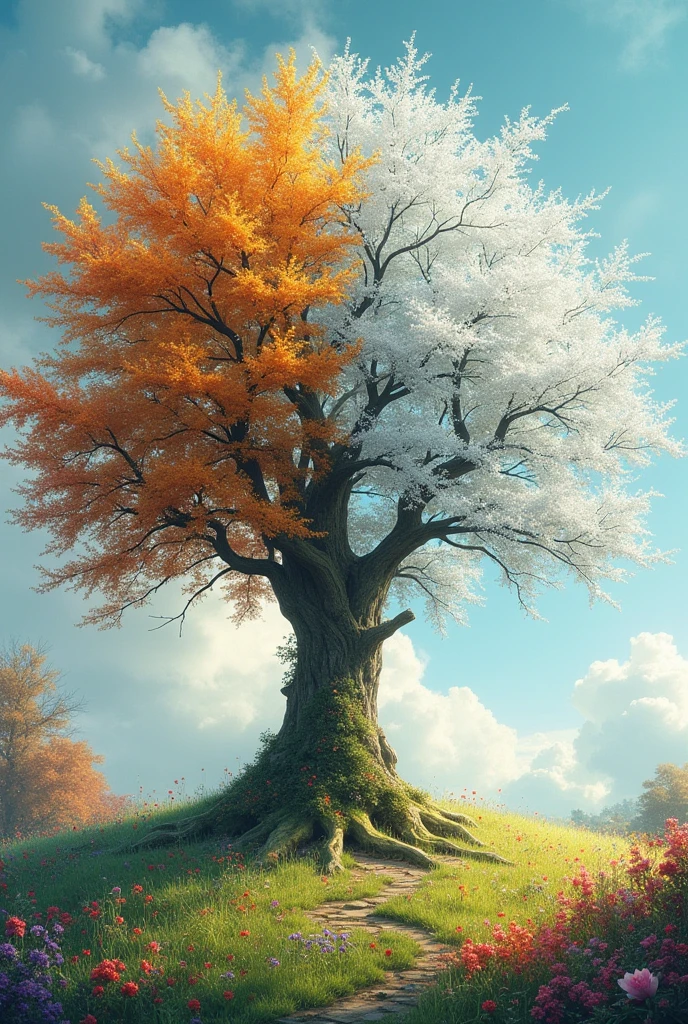 tree on the spring x tree on the winter, vibrant colors, fantasy theme