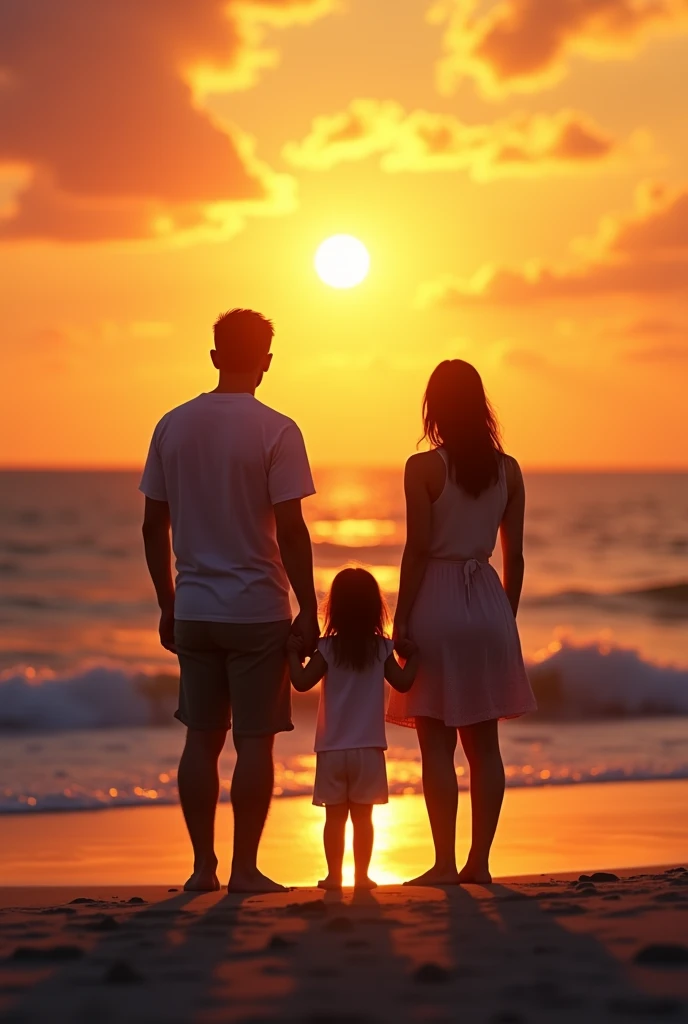 Husband wife and daughter sunset pic in a beach from back
