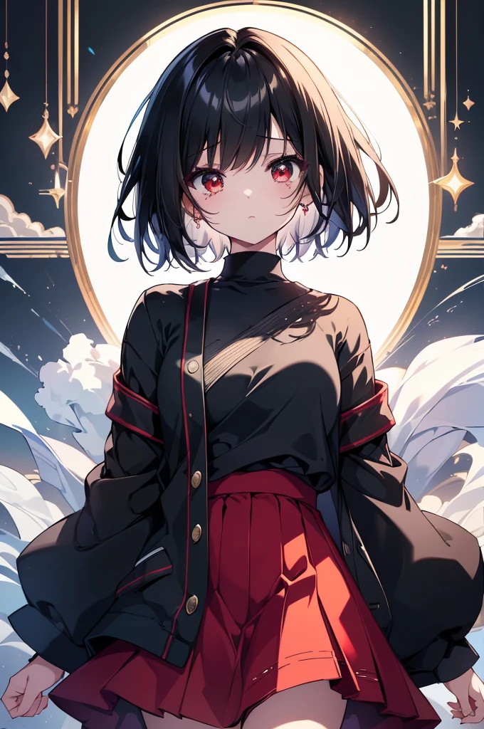(masterpiece, highest quality, highest quality, (No text), Beautiful and aesthetic:1.2),No text,アニメ、BREAK,One Girl,Black Hair Girl adult short hair older sister Beautiful eyes Red eyes cool tears Black and Red skirt Black jacket White clothing whole body In town