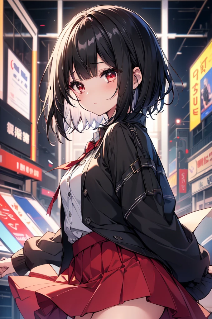 (masterpiece, highest quality, highest quality, (No text), Beautiful and aesthetic:1.2),No text,アニメ、BREAK,One Girl，Black Hair Girl　 adult　short hair　older sister　Beautiful eyes　Red eyes　cool　tears　Black and Red　skirt　Black jacket　White clothing　whole body　In town