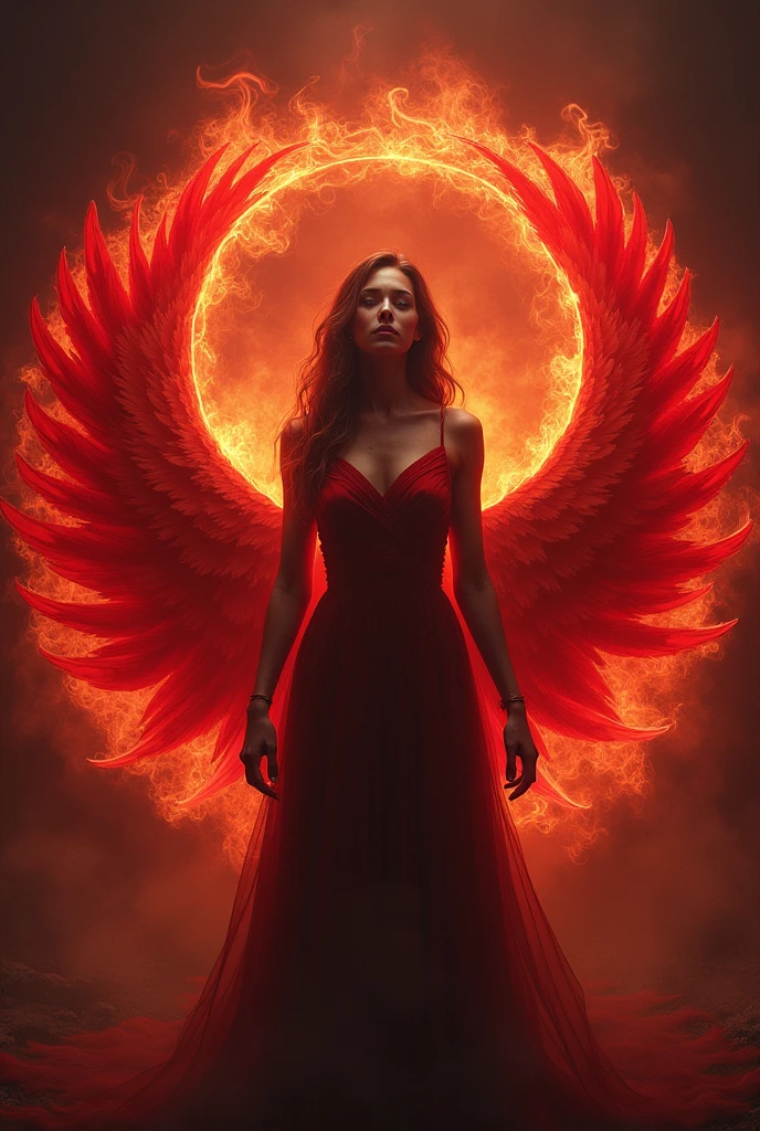 Circle of red feathers behind a woman with fire lighting from behind