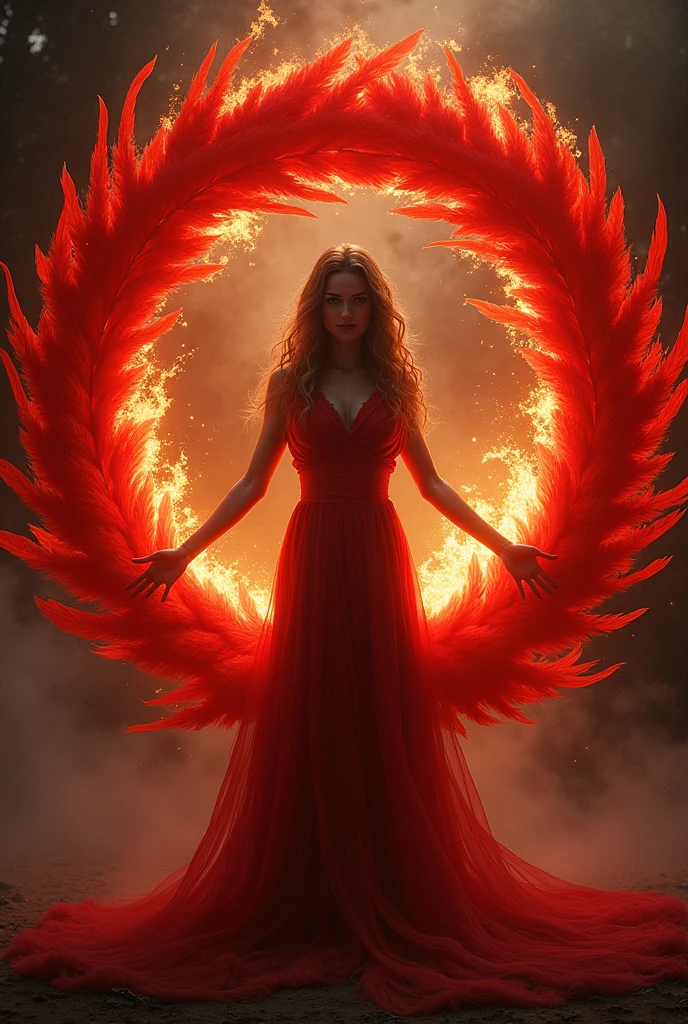 Circle of red feathers behind a woman with fire lighting from behind 