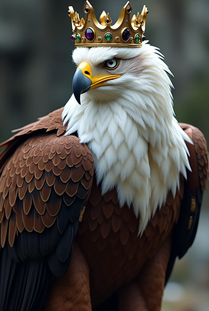 Character inspired by a royal eagle with a white royal eagle body mixed with dark brown and black a royal eagle beak royal eagle legs a golden crown with purple jewels mixed with dark green black royal eagle eyes and white with a dangerous fighter side