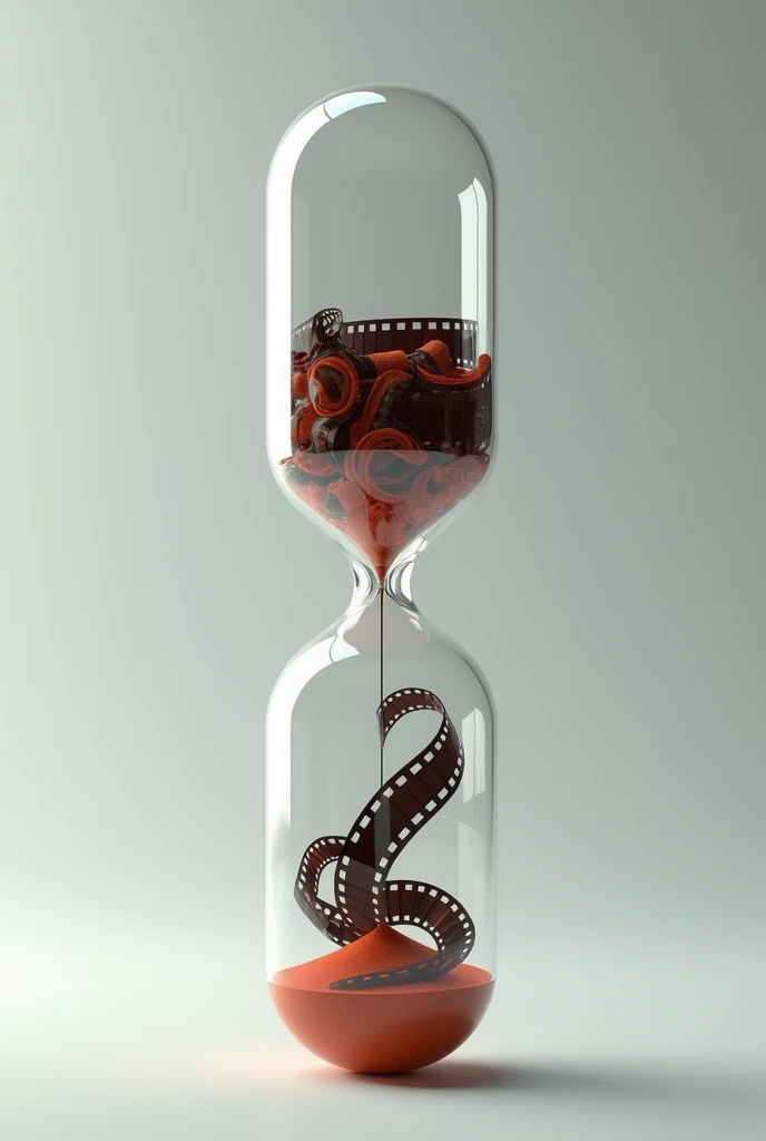create an hourglass in the shape of a medicine capsule, and inside the hourglass there are rolled up film strips. do not put sand inside the hourglass, without sand