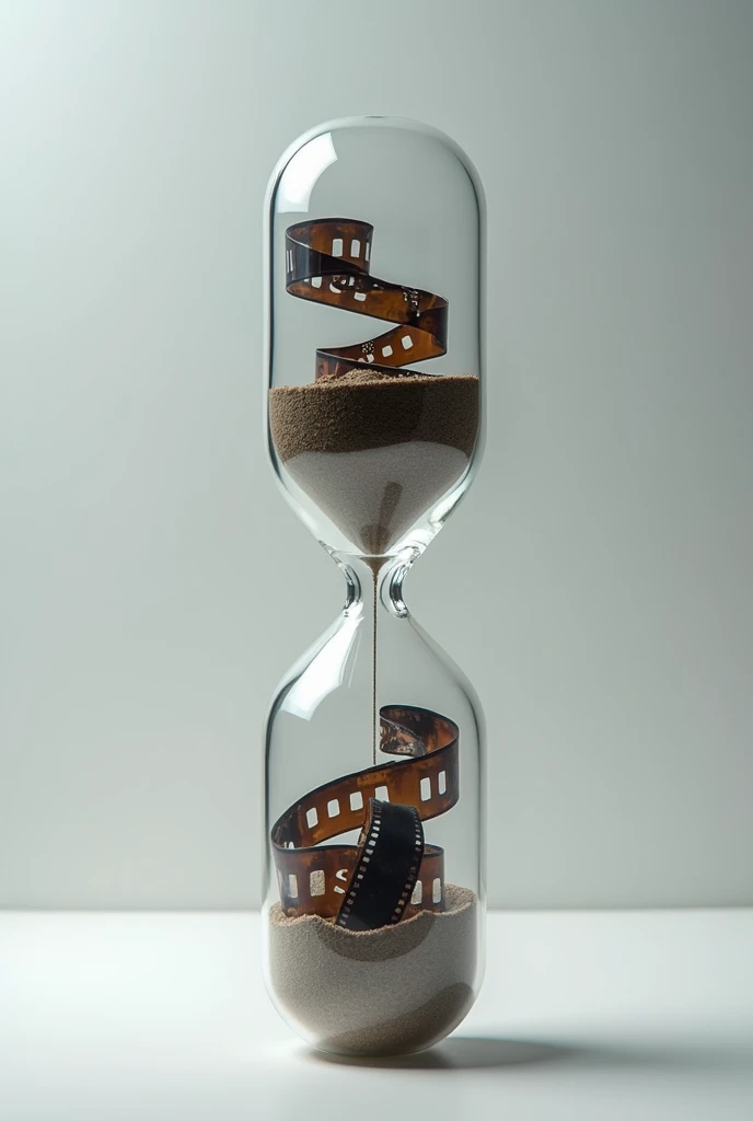 create an hourglass in the shape of a medicine capsule, and inside the hourglass there are rolled up film strips. do not put sand inside the hourglass, without sand
