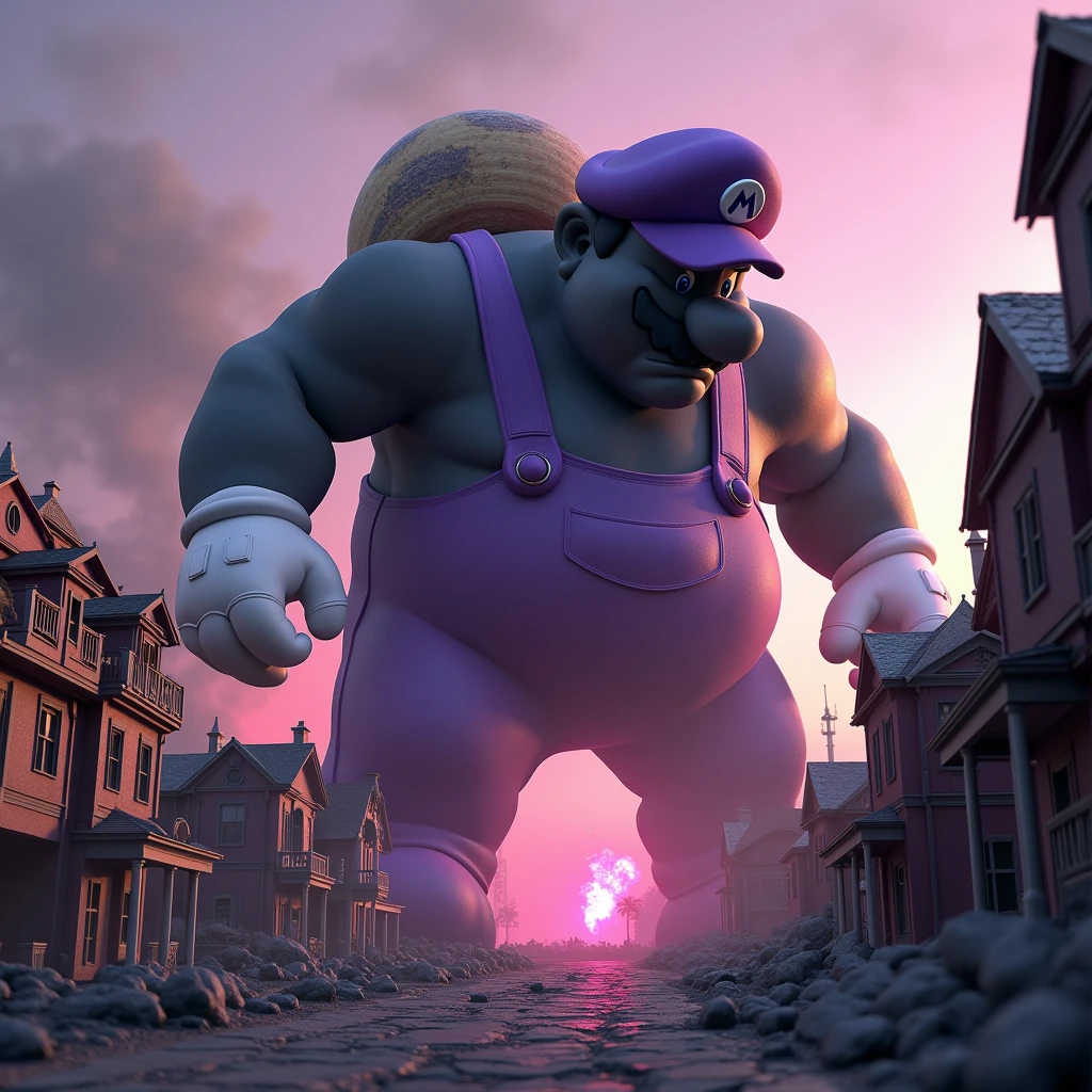 Purple tone, The purple sky, Dark, Giant Mario attacks the town, The super-giant blackened Mario wears a purple hat and purple bib pants, Short body, Sprint, Run forward, White gloves, Purple clothes, there is a huge blackened Mario in the fog, Carrying a snail shell on his back, Apocalypse, Crushing, Running from afar, Street, Ground, Broken houses, A collapsed house, On both sides are houses and in the middle are roads, Explosion, Fire everywhere, In the distance, Apocalypse, Pink and purple hue, Snail, Dilapidated, A pink flame, Dark, Ground, Prospect, Explosion, In the distance, Smoke wreathed in, Q Moe's body, Perspective, 3d, 3d rendering, pixar, High quality, 4k