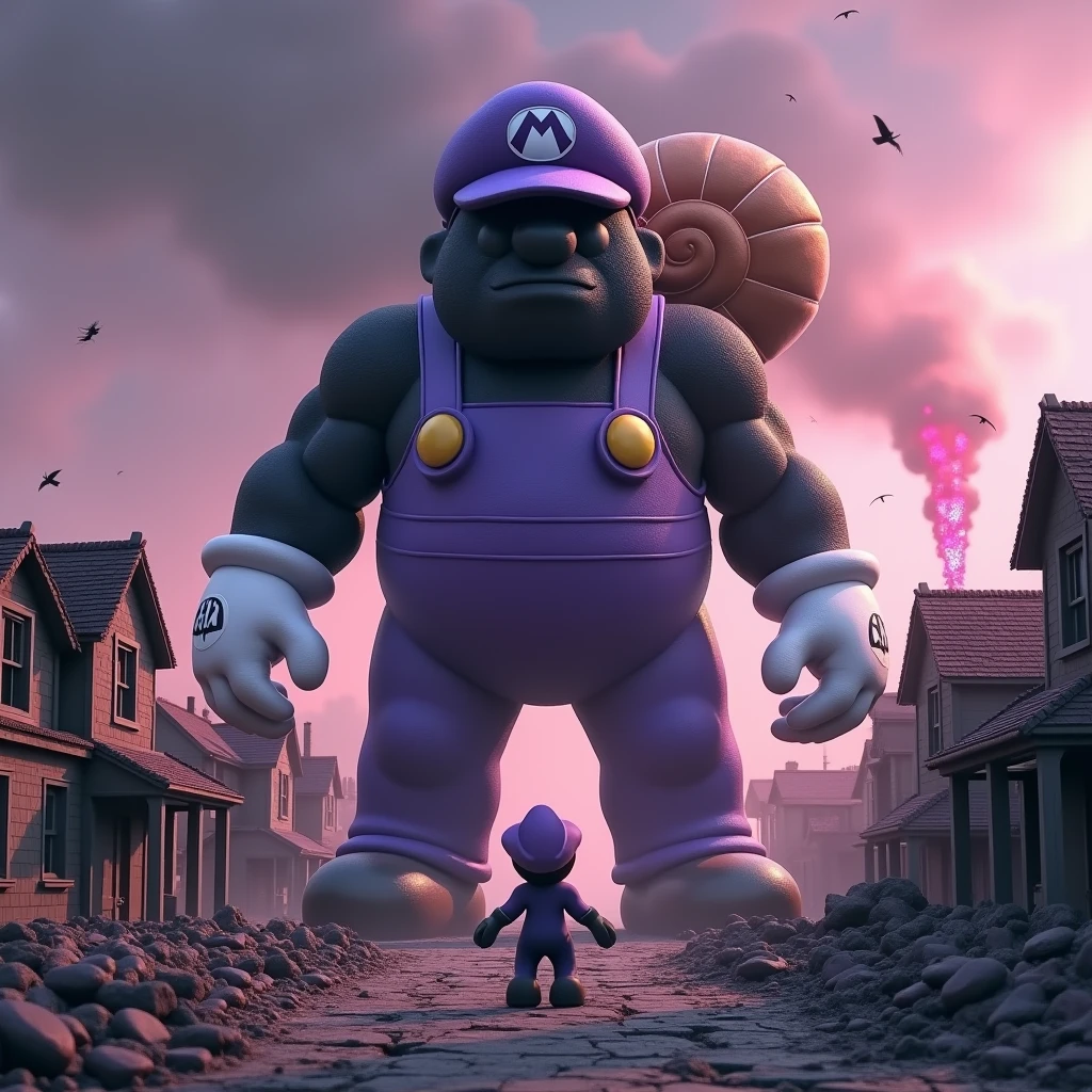 Purple tone, The purple sky, Dark, Giant Mario attacks the town, The super-giant blackened Mario wears a purple hat and purple bib pants, Short body, Sprint, Run forward, White gloves, Purple clothes, there is a huge blackened Mario in the fog, Carrying a snail shell on his back, Apocalypse, Crushing, Running from afar, Street, Ground, Broken houses, A collapsed house, On both sides are houses and in the middle are roads, Explosion, Fire everywhere, In the distance, Apocalypse, Pink and purple hue, Snail, Dilapidated, A pink flame, Dark, Ground, Prospect, Explosion, In the distance, Smoke wreathed in, Q Moe's body, Perspective, 3d, 3d rendering, pixar, High quality, 4k