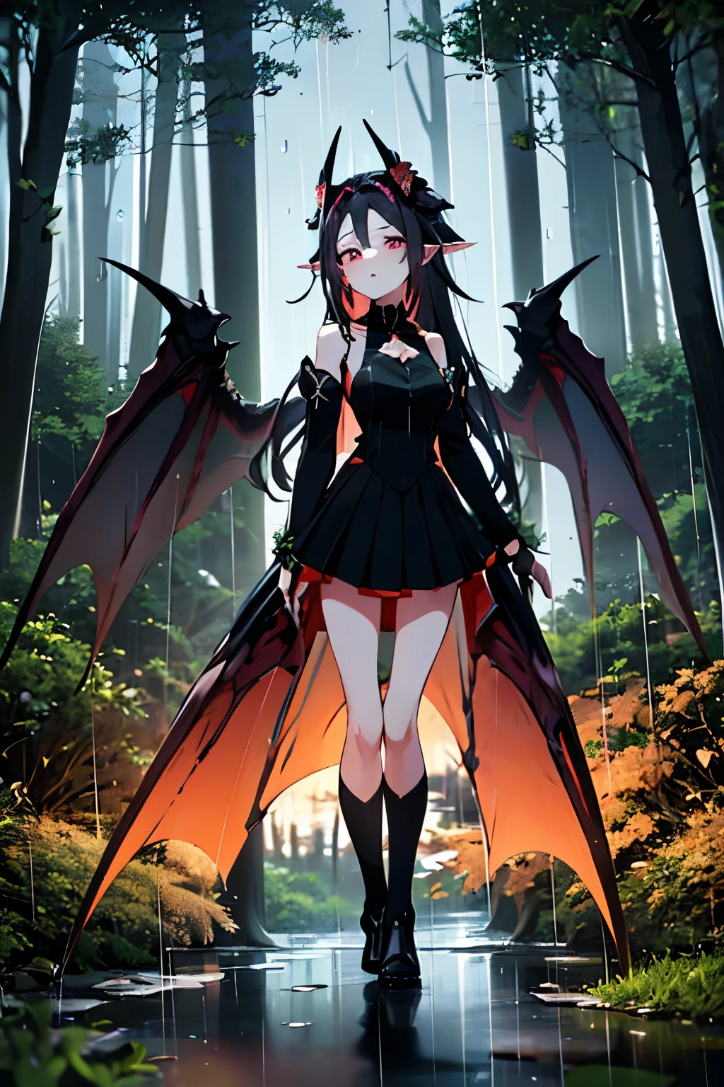 yuuki konno, uhd, 4k, textured skin, High details, ​detailed face, masterpiece, best quality, (Amazingly absurd:1.2), (​masterpiece:1.2), 1 girl, dragon ear, dragon wings, Long dress, standing, dynamische pose:1.5, half-closed eyes, glowing red eyes, very long black hair, shiny hair , fullbody, two colored hair, hair ribbon, black knee socks, Kawaiitech, soft colours, Kawaii, Beautiful colors, (Rain:1.5), (Night:2), (forest:2)