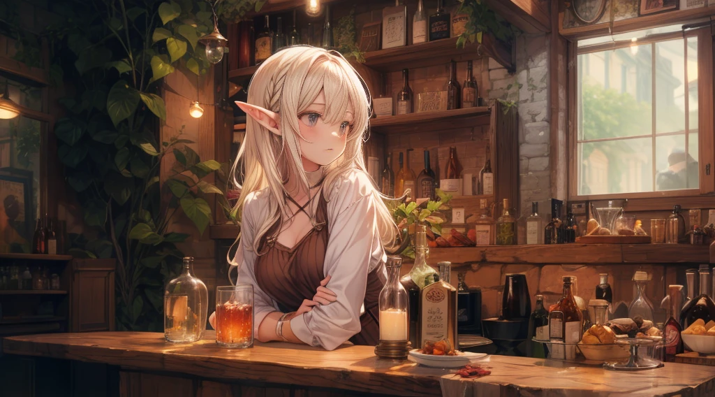A cozy, stone-built elven bar with an elegant elf bartender preparing a drink for a customer, depicted in an anime style. The elf has delicate features, long flowing hair, and pointed ears. The bar is warmly lit by candlelight, with vintage bottles and glasses lining the wooden counter. The atmosphere is serene and inviting, perfect for a calm evening. The anime style adds a touch of fantasy and whimsy, capturing the magical and mystical nature of the elven world.