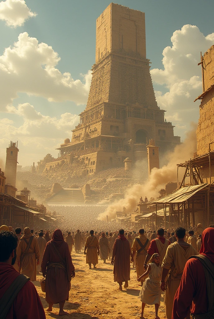 A crowd of workers building the Tower of Babel