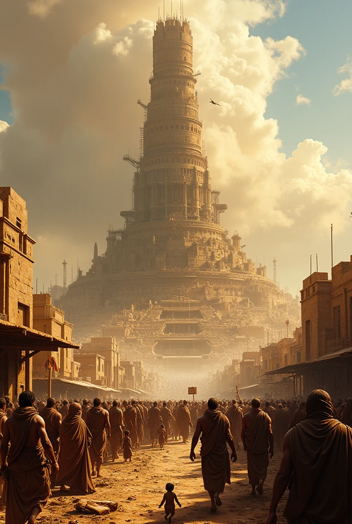 A crowd of workers building the Tower of Babel