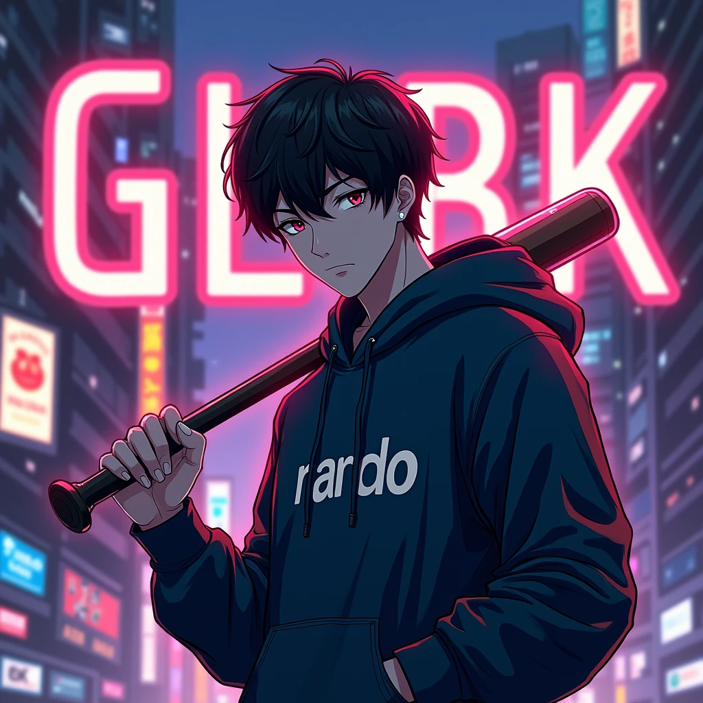 Create a character anime, {{background: large text “GLBK”, night city}},
realistic, HDR, handsome, japan style, full body, use stick baseball, age 20, hoodie HD text: “NANDO”