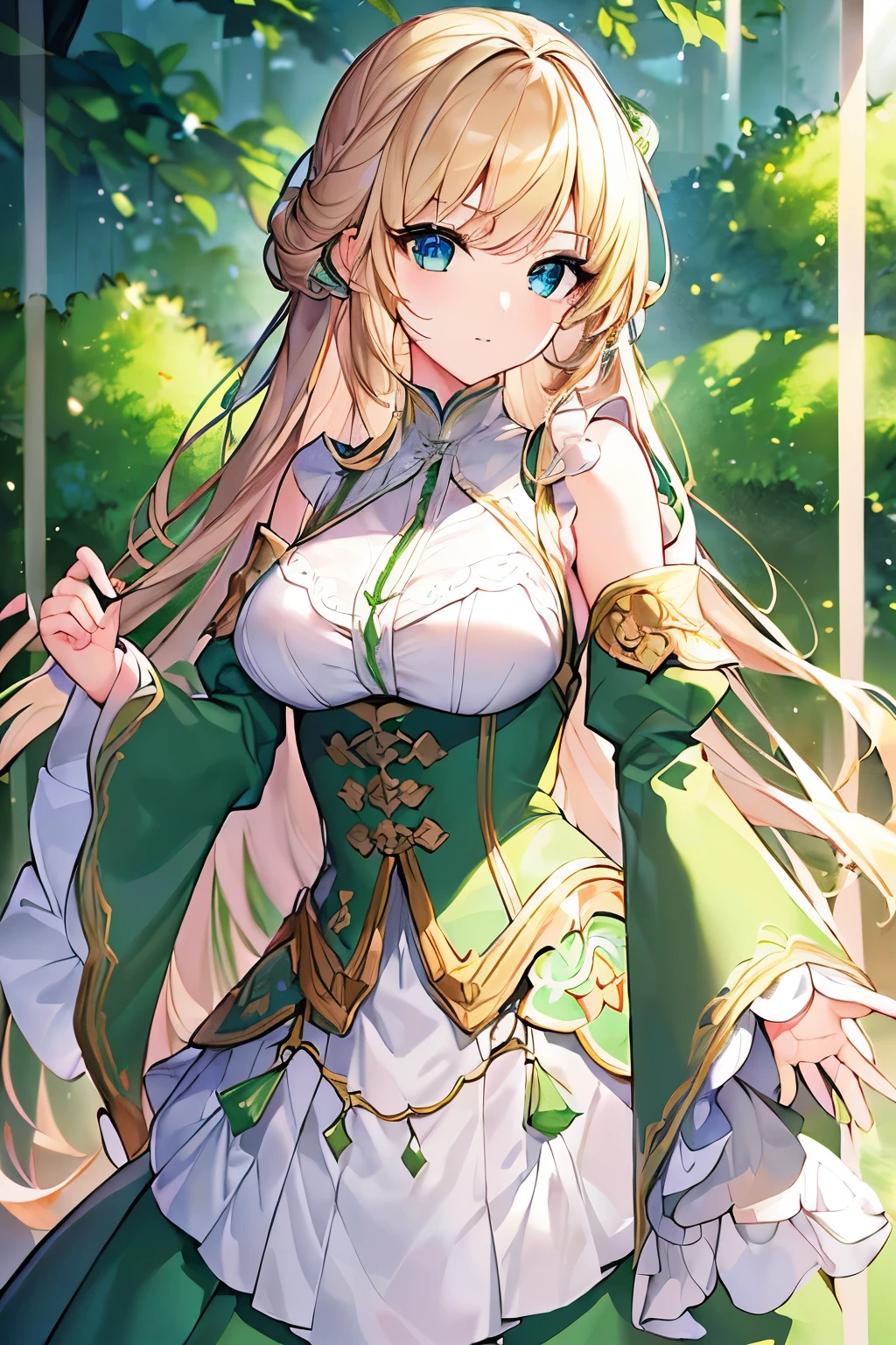 (4K、masterpiece、Highest quality、high resolution、Detailed light、Detailed Shadows、Detailed Design)、1 girl、princess、Noble、Protect yourself、(Blonde、Green bristles:1.3)、Long Hair、Blue Eyes、Green and white outfit、With slits、