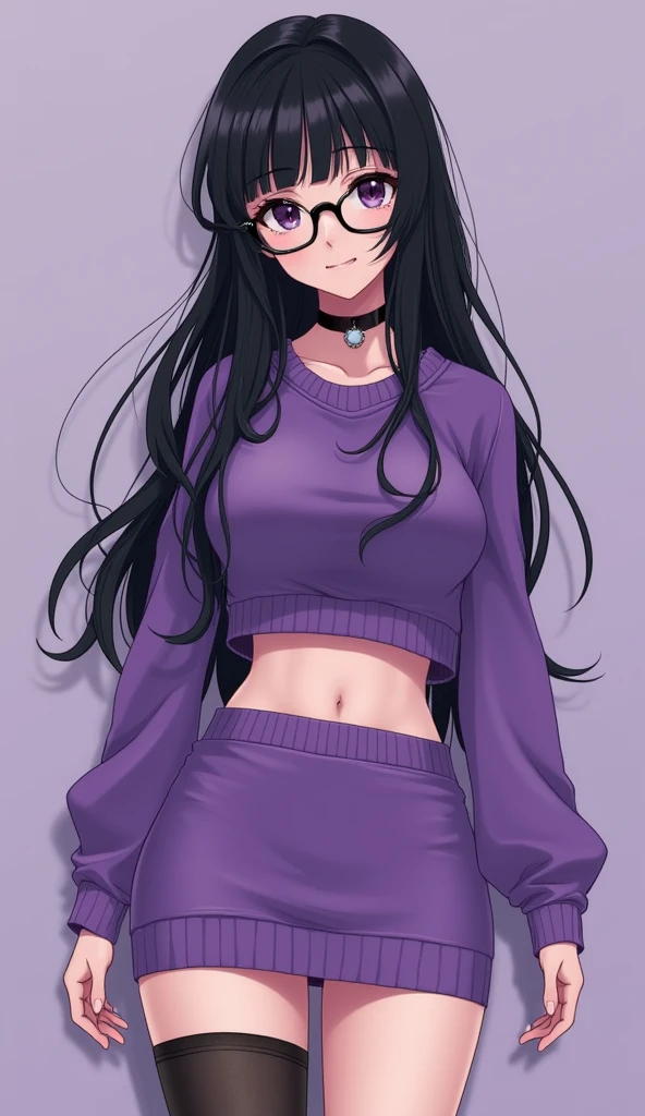 ((Purple one-piece hip skirt))，sweater，Black long hair，Glasses，Cute girl，(Stockings，A black，white leg ring），necklace，Big breasts