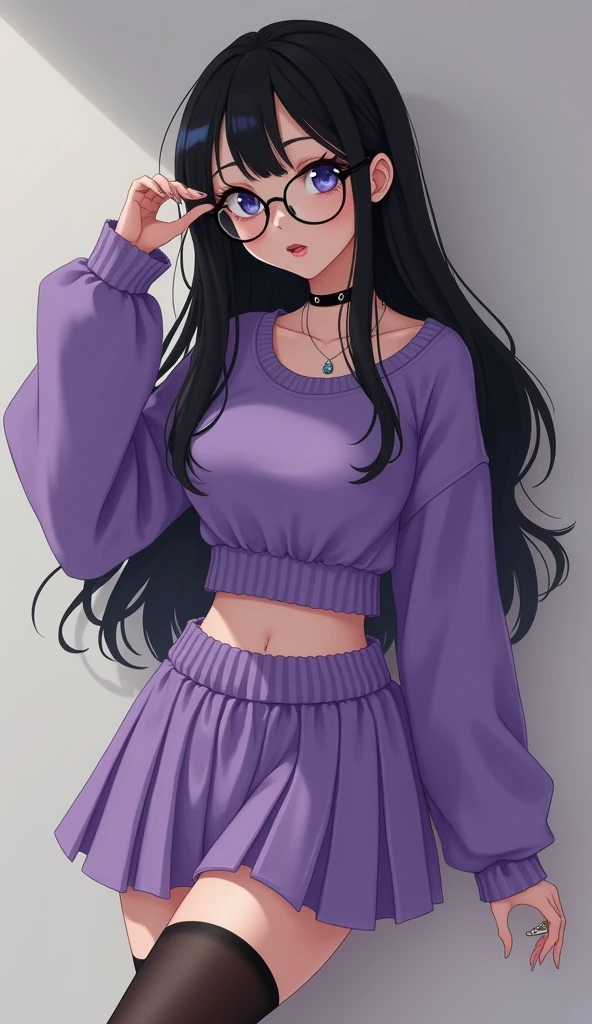 ((Purple one-piece hip skirt)),sweater,Black long hair,Glasses,Cute girl,(Stockings,A black,white leg ring),necklace,Big breasts
