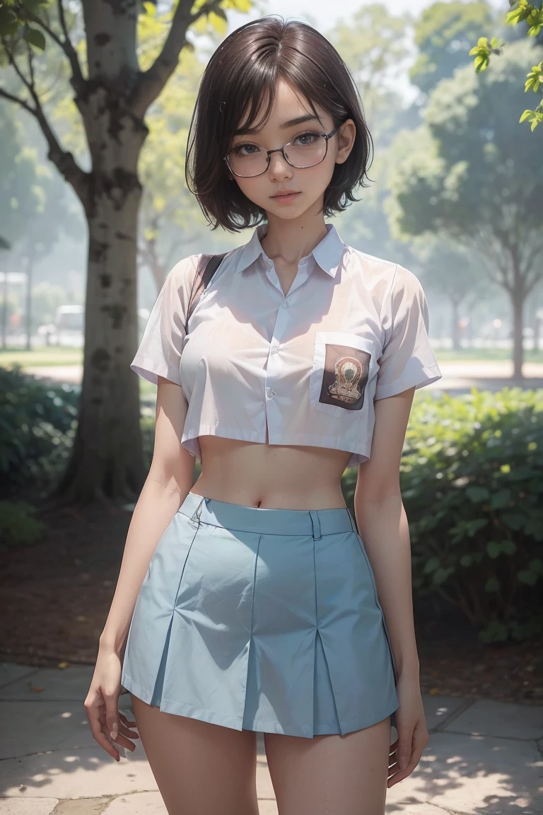 1 girl, (((at park))), (transparent white shirt), (wet shirt), (mini skirt), (pastel blue skirt), RAW photo, (photorealistic:1.37, realistic), highly detailed CG unified 8K wallpapers, 1girl, ((slender body:1)), (small breasts:1.3), looking at viewer, ((straight from front)), (HQ skin:1.2), (clean skin:1.2), 8k uhd, dslr, soft lighting, high quality, film grain, Fujifilm XT3, (full body:0.8) , tokyolagii , (bold glasses), full body in, perfect body, two legs, long legs, naval, (wide waist:1.2), (big tigh:1.3), crop top, (cleavage:0.7), sad, blushing, short hair,