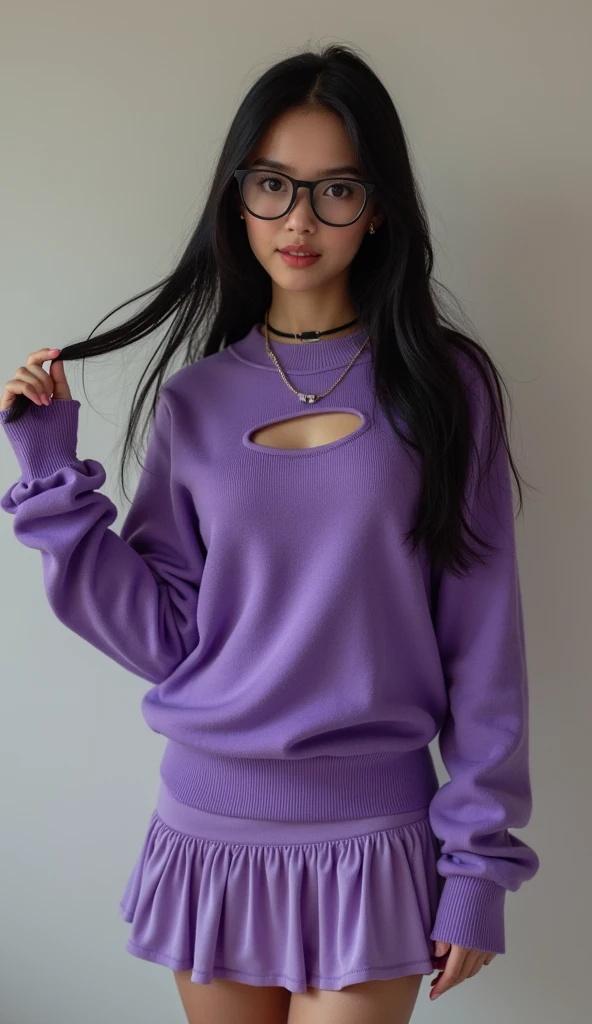 ((Purple one-piece hip skirt))，sweater，Black long hair，Glasses，Cute girl，(Stockings，A black，white leg ring），necklace，Big breasts