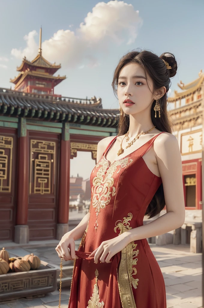 (((best quality))),(((ultra detailed))),(((masterpiece))),illustration,((1 beautiful girl,solo)),(neat bun:1.2),(fair skin:1.3),((slim,thin)),((earrings,necklace)),((small breasts,flat chest)),(bright almond-shaped eyes:1.3), graceful and elegant aura,(maxi gorgeous exquisitely embroidered red dress:1.5),gold trimmings,(stockings:1.3),(ancient Chinese city scape:1.3),(on empty spacious square:1.3),(towering magnificent palace-like castle:1.3),gold trimmings,intricate carvings, delicate decorations,((clear sky, fluffy clouds)), warm sunlight, crisp refreshing breeze, serene expression, peaceful atmosphere, (standing:1.3), surrounding beauty,((vibrant October,autumn)),((from front,upper body))