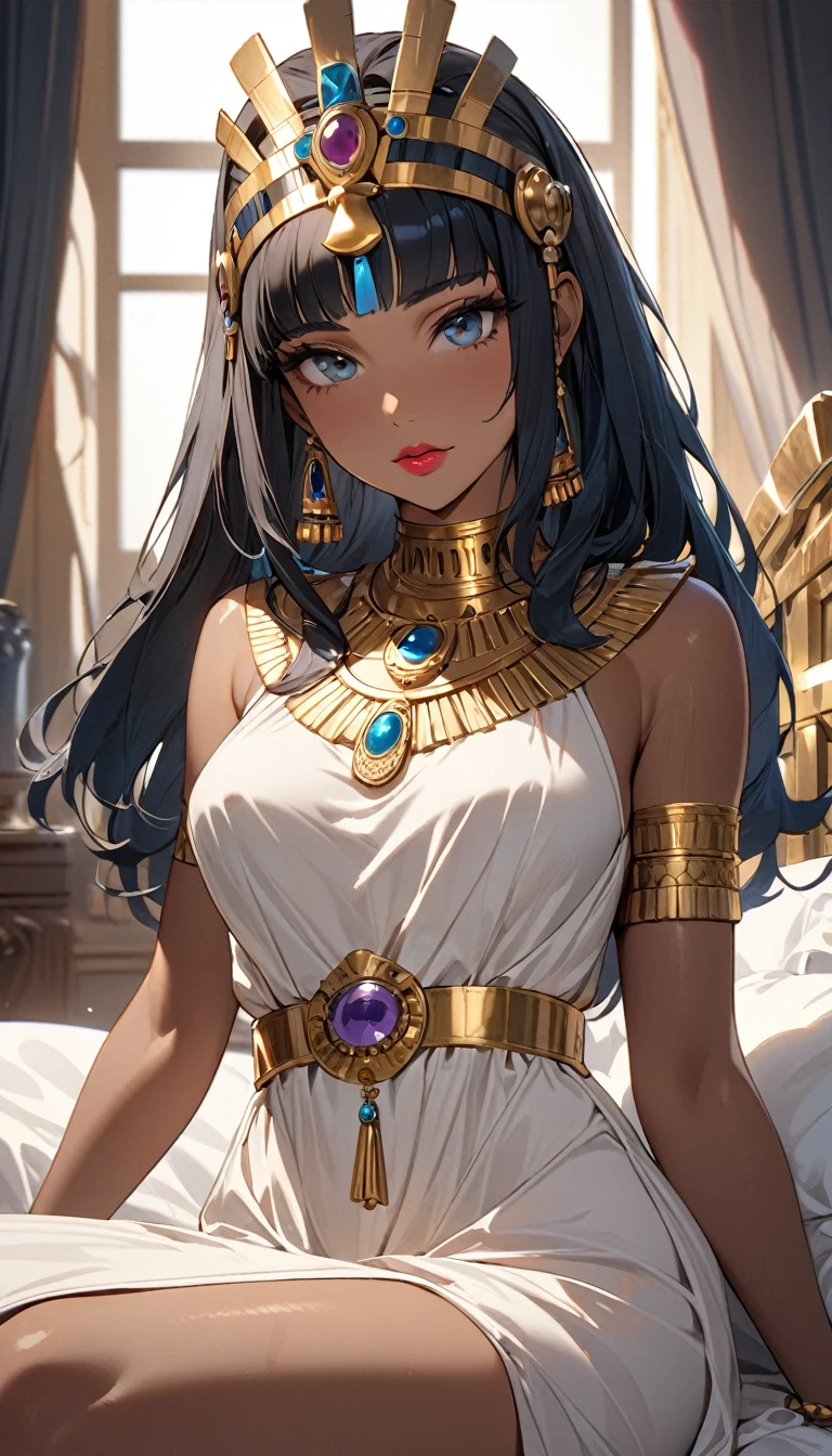 ((best quality)), ((masterpiece)), (Detailed face and eyes), Perfect face, Charming and accurate, Textured Skin, High Detail, high resolution, Cleopatra, Queen, Wearing a silk dress, Gemstone crown, Lipstick, , Tanned skin, Bronze skin, Sit on the bedroom bed,((Hands on legs)),Half Body