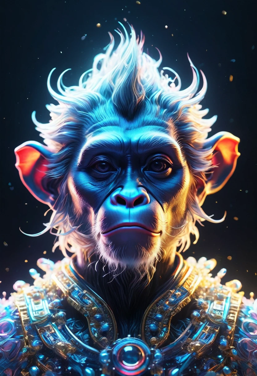 ASCII Art，Nicke，Vissey，Linear Flash， Glass Candy Wrappers，The giant Monkey King was decomposed into countless tiny glowing white particles..，Particle glow dark background night glow HD rendering，Minimalist composition，High contrast tilt-shift 32k octane render